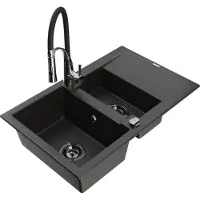 Mexen Gaspar 1,5-Becken-Granitspüle mit Abtropffläche und Mischbatterie Aster, Schwarz/Gold metallisch - 6507-75-73450-07-B