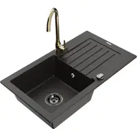 Mexen Pablo 1 Becken-Granitspüle mit Abtropffläche und Mischbatterie Telma, Schwarz/Gold - 6510-75-670200-50-B