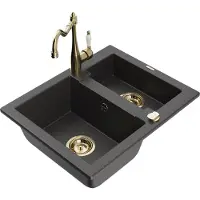 Mexen Carlos 1,5-Becken-Granitspüle mit Mischbatterie Carla, Schwarz gesprenkelt - 6518-76-670700-50