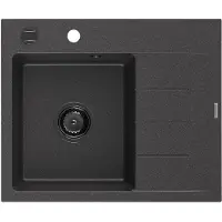 Mexen Ben Granitspüle 1-Becken mit linken Abtropffläche 600 x 500 mm, schwarz gesprenkelt, schwarzer Siphon - 6522605000-76-B