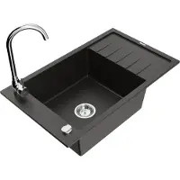 Mexen Elias 1 Becken-Granitspüle mit Abtropffläche und Mischbatterie Telma, Schwarz/Gold - 6511-75-670200-00