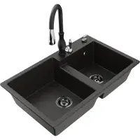 Mexen Tomas 2-Becken-Granitspüle mit Mischbatterie Savita, Schwarz/Gold metallisch - 6516-75-672601-70-B