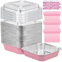 Exogio 35er-Packung Rosa Einweg-Aluminiumformen (20 X 20 cm) mit Kunststoffdeckeln, Aufklebern und Kuchenlöffeln, für Backbleche und Alufolienformen