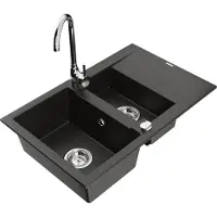 Mexen Gaspar 1,5-Becken-Granitspüle mit Abtropffläche und Mischbatterie Telma, Schwarz/Gold - 6507-75-670200-00