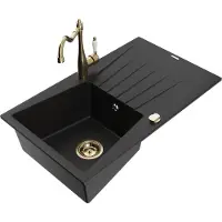 Mexen Cesar 1 Becken-Granitspüle mit Abtropffläche und Mischbatterie Carla, Schwarz - 6514-77-670700-50
