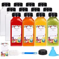 Jojomino 12 Stück 12oz Plastik-Saftflaschen mit manipulationssicheren Verschlüssen, wiederverwendbaren transparenten Behälteretiketten, Trichter und Bürste
