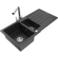 Mexen Andres 1,5-Becken-Granitspüle mit Abtropffläche und Mischbatterie Duero, Schwarz/Silber - 6515-73-671600-00