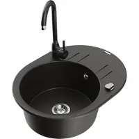 Mexen Kevin 1 Becken-Granitspüle mit Abtropffläche und Mischbatterie Telma, Schwarz/Gold metallisch - 6517-75-670200-70