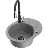 Mexen Kevin 1 Becken-Granitspüle mit Abtropffläche und Mischbatterie Savita, Grau - 6517-71-672601-70-B