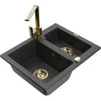 Mexen Carlos 1,5-Becken-Granitspüle mit Mischbatterie Rita, Schwarz gesprenkelt - 6518-76-670300-50