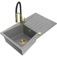 Mexen Cesar 1 Becken-Granitspüle mit Abtropffläche und Mischbatterie Aster, Grau - 6514-71-73450-57-G