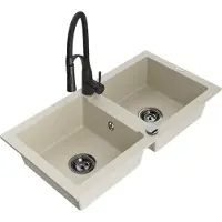 Mexen Mario 2-Becken-Granitspüle mit Mischbatterie Aster, Beige - 6504-69-73450-70-B