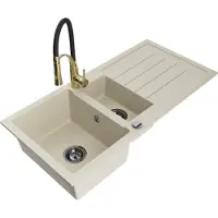 Mexen Andres 1,5-Becken-Granitspüle mit Abtropffläche und Mischbatterie Aster, Beige - 6515-69-73450-57-B