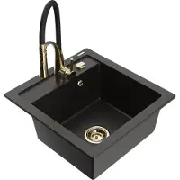 Mexen Vito 1-Becken-Granit-Spüle mit Mischbatterie Aster, Schwarz/Gold metallisch- 6503-75-73450-57-G