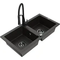 Mexen Mario 2-Becken-Granitspüle mit Mischbatterie Aster, Schwarz/Gold metallisch - 6504-75-73450-70-B