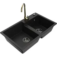 Mexen Tomas 2-Becken-Granitspüle mit Mischbatterie Telma, Schwarz - 6516-77-670200-50-B