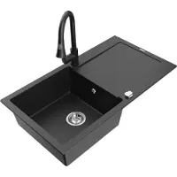 Mexen Leo 1 Becken-Granitspüle mit Abtropffläche und Mischbatterie Elia, Schwarz/Silbermetallic - 6501-73-670101-70