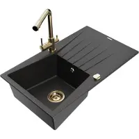Mexen Cesar 1 Becken-Granitspüle mit Abtropffläche und Mischbatterie Duero, Schwarz/Silbermetallic - 6514-73-671600-50