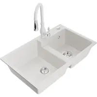 Mexen Tomas 2-Becken-Granitspüle mit Mischbatterie Savita, Weiß - 6516-20-672601-20