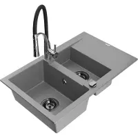 Mexen Gaspar 1,5-Becken-Granitspüle mit Abtropffläche und Mischbatterie Aster, Grau - 6507-71-73450-07-B