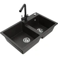 Mexen Tomas 2-Becken-Granitspüle mit Mischbatterie Duero, Schwarz/Gold metallisch - 6516-75-671600-70