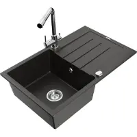 Mexen Bruno 1 Becken-Granitspüle mit Abtropffläche und Mischbatterie Duero, Schwarz/Gold metallisch - 6513-75-671600-00