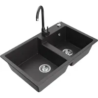 Mexen Tomas 2-Becken-Granitspüle mit Mischbatterie Telma, Schwarz gesprenkelt - 6516-76-670200-76