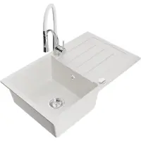 Mexen Bruno 1 Becken-Granitspüle mit Abtropffläche und Mischbatterie Aster, Weiß - 6513-20-73450-02