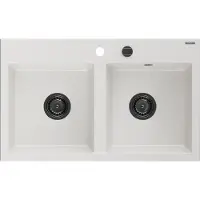Mexen Hektor Granitspüle 2-Becken 800 x 480 mm, weiß, schwarzer Siphon - 6521802000-20-B