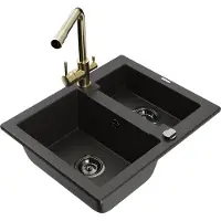 Mexen Carlos 1,5-Becken-Granitspüle mit Mischbatterie Duero, Schwarz/Gold metallisch - 6518-75-671600-50-B