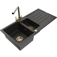 Mexen Andres 1,5-Becken-Granitspüle mit Abtropffläche und Mischbatterie Duero, Schwarz/Gold - 6515-75-671600-50