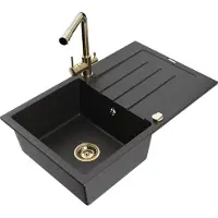 Mexen Bruno 1 Becken-Granitspüle mit Abtropffläche und Mischbatterie Duero, Schwarz/Silbermetallic - 6513-73-671600-50