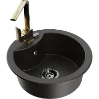Mexen Diego 1-Becken-Granit-Spüle mit Mischbatterie Rita, Schwarz/Gold metallisch - 6512-75-670300-50-B