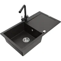Mexen Leo 1 Becken-Granitspüle mit Abtropffläche und Mischbatterie Duero, Schwarz/Gold metallisch - 6501-75-671600-70