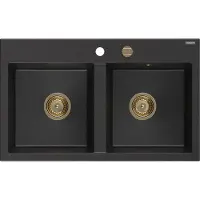 Mexen Hektor Granitspüle 2-beckig 800 x 480 mm, schwarz/silber metallic, goldener Siphon - 6521802000-73-G