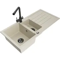 Mexen Andres 1,5-Becken-Granitspüle mit Abtropffläche und Mischbatterie Duero, Beige - 6515-69-671600-70