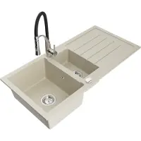 Mexen Andres 1,5-Becken-Granitspüle mit Abtropffläche und Mischbatterie Aster, Beige - 6515-69-73450-07