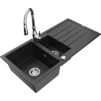 Mexen Andres 1,5-Becken-Granitspüle mit Abtropffläche und Mischbatterie Savita, Schwarz/Silber - 6515-73-672601-00