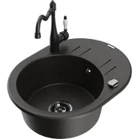 Mexen Kevin 1 Becken-Granitspüle mit Abtropffläche und Mischbatterie Carla, Schwarz/Gold metallisch - 6517-75-670700-70-B