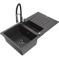 Mexen Matias 1,5-Becken-Granitspüle mit Abtropffläche und Mischbatterie Aster, Schwarz gesprenkelt - 6502-76-73450-07-B