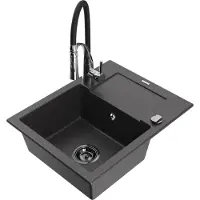 Mexen Enzo 1 Becken-Granitspüle mit Abtropffläche und Mischbatterie Aster, Schwarz gesprenkelt - 6506-76-73450-07-B