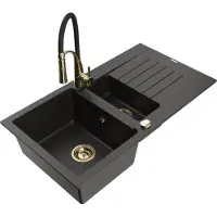 Mexen Matias 1,5-Becken-Granitspüle mit Abtropffläche und Mischbatterie Aster, Schwarz/Gold metallisch - 6502-75-73450-57-G