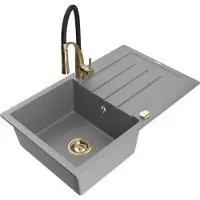 Mexen Bruno 1 Becken-Granitspüle mit Abtropffläche und Mischbatterie Aster, Grau - 6513-71-73450-57-G