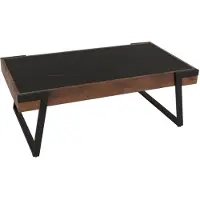 MCW Couchtisch -L89, Sofatisch Wohnzimmertisch, Eisen 43x120x64cm Sinterstein Marmor-Optik schwarz Holz dunkelbraun