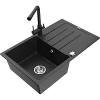 Mexen Bruno 1 Becken-Granitspüle mit Abtropffläche und Mischbatterie Duero, Schwarz/Silbermetallic - 6513-73-671600-70