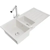 Mexen Andres 1,5-Becken-Granitspüle mit Abtropffläche und Mischbatterie Duero, Weiß - 6515-20-671600-00
