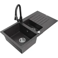 Mexen Matias 1,5-Becken-Granitspüle mit Abtropffläche und Mischbatterie Elia, Schwarz gesprenkelt - 6502-76-670101-70