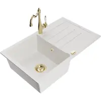 Mexen Bruno 1 Becken-Granitspüle mit Abtropffläche und Mischbatterie Carla, Weiß - 6513-20-670700-50