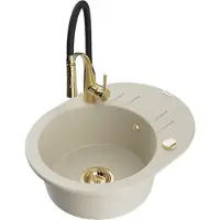 Mexen Kevin 1 Becken-Granitspüle mit Abtropffläche und Mischbatterie Aster, Beige - 6517-69-73450-57-G