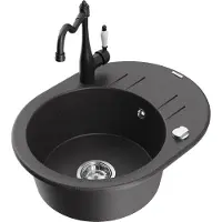 Mexen Kevin 1 Becken-Granitspüle mit Abtropffläche und Mischbatterie Carla, Schwarz gesprenkelt - 6517-76-670700-70